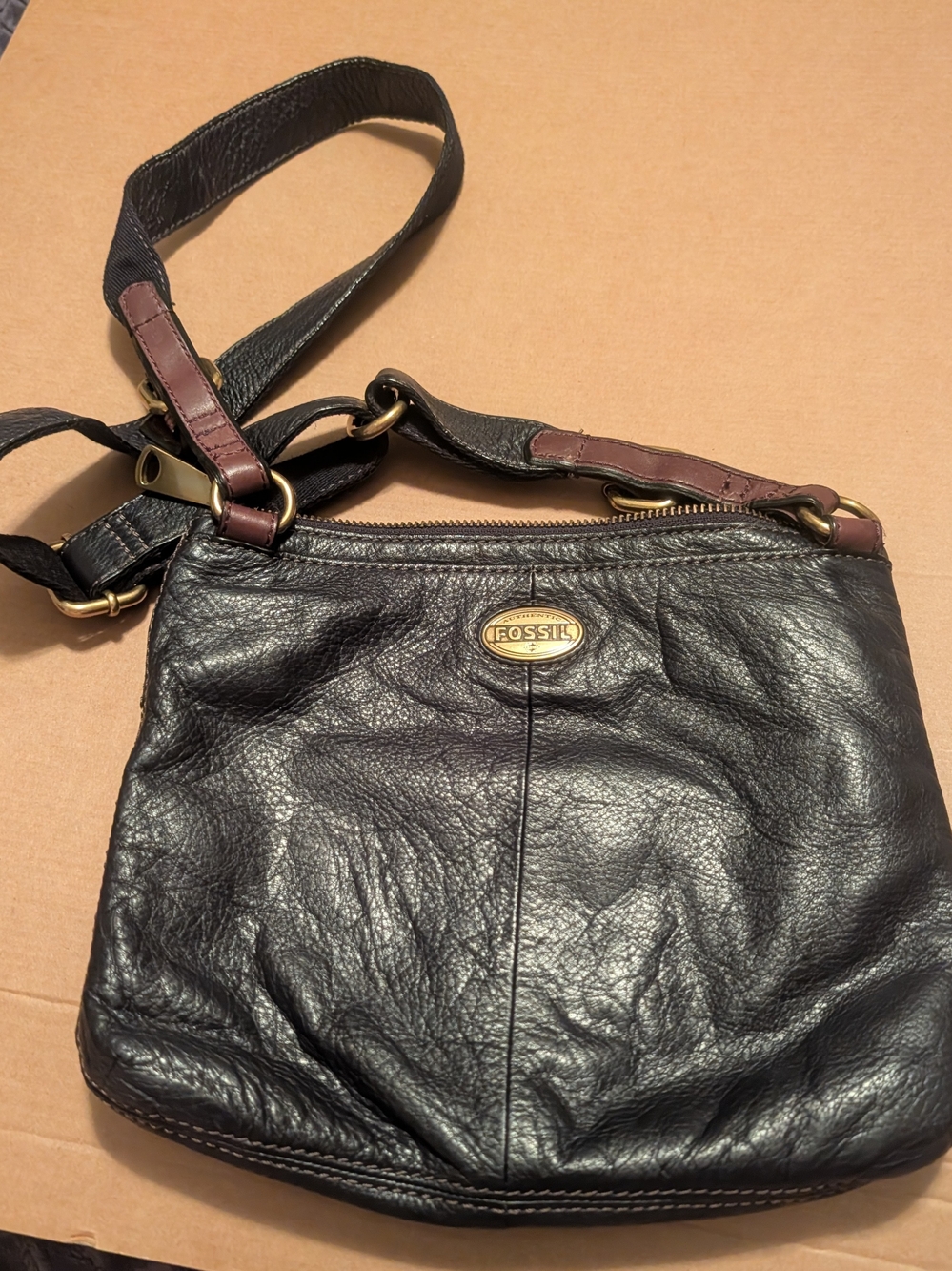 Fossil Black Leather Crossbody with Brown Strap Accents